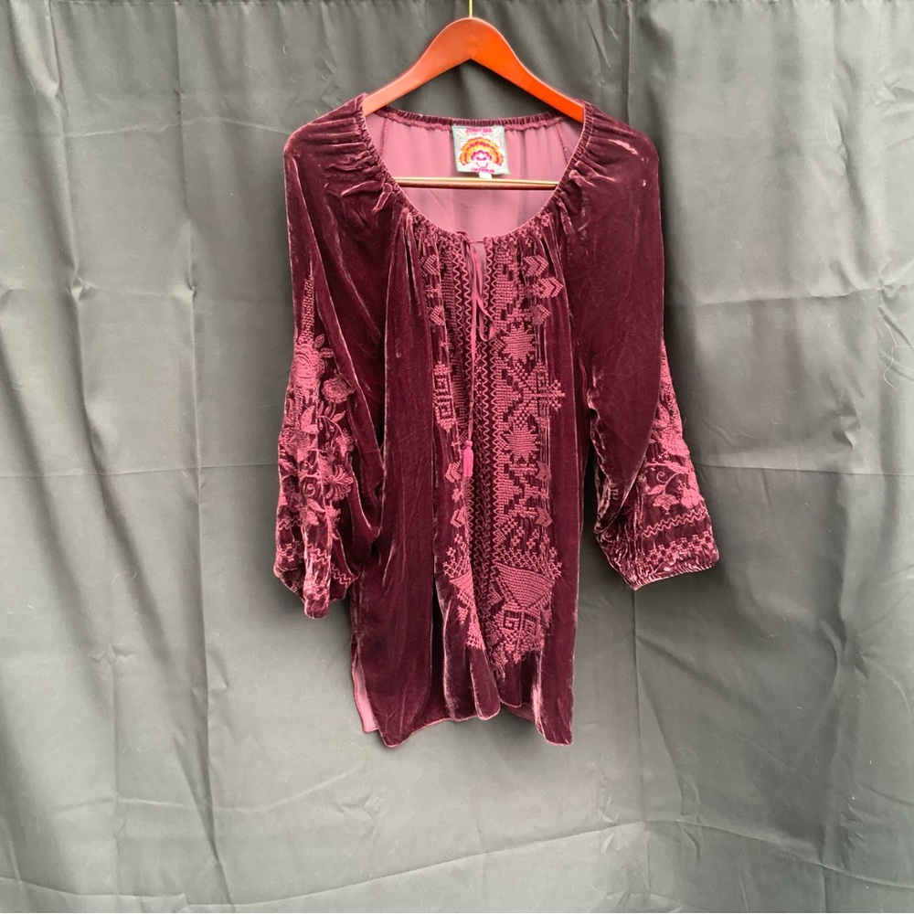 Johnny Was Velvet Embroidered Blouse - Deep Burgundy